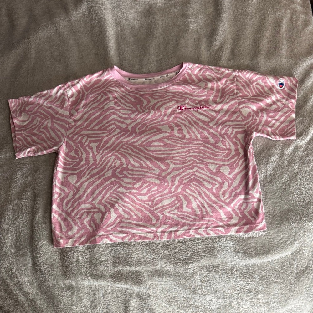 Champion pink zebra print oversized cropped t shirt